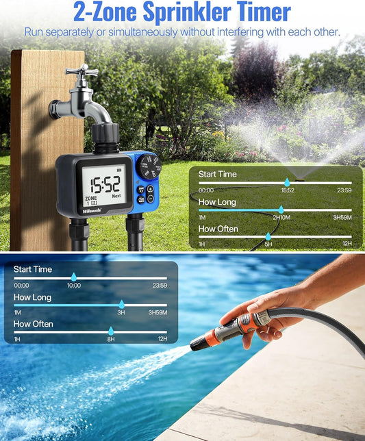 Water Timer for Garden Hose, 2 Zone Sprinkler Timer, Automatic Irrigation System/Rain Delay/Manual Watering, Programmable Watering for Lawn, Yard, Drip Irrigation C12WT06