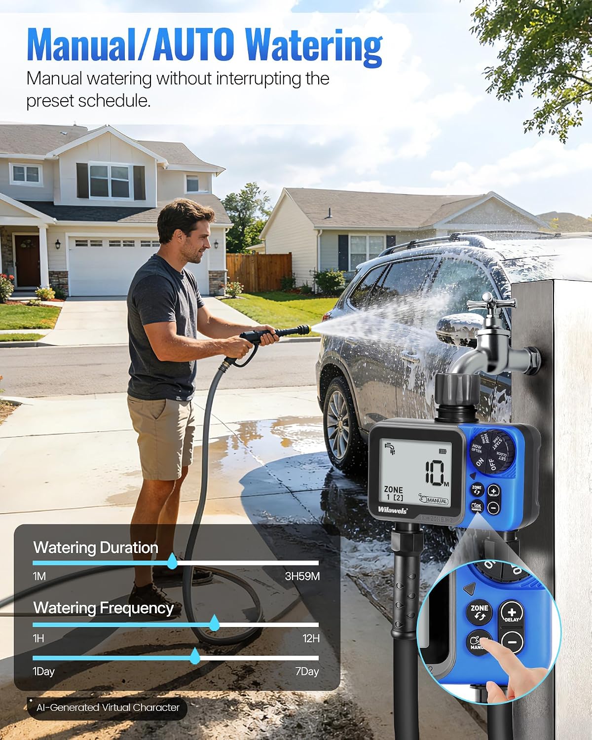Water Timer for Garden Hose, 2 Zone Sprinkler Timer, Automatic Irrigation System/Rain Delay/Manual Watering, Programmable Watering for Lawn, Yard, Drip Irrigation C12WT06