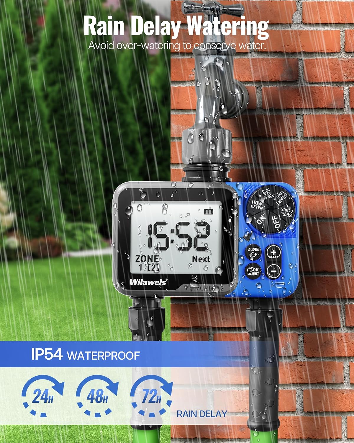 Water Timer for Garden Hose, 2 Zone Sprinkler Timer, Automatic Irrigation System/Rain Delay/Manual Watering, Programmable Watering for Lawn, Yard, Drip Irrigation C12WT06