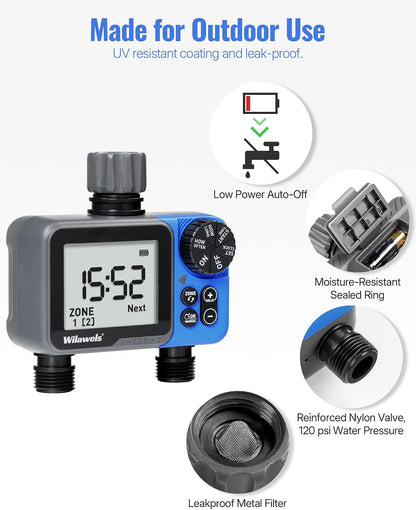 Water Timer for Garden Hose, 2 Zone Sprinkler Timer, Automatic Irrigation System/Rain Delay/Manual Watering, Programmable Watering for Lawn, Yard, Drip Irrigation C12WT06