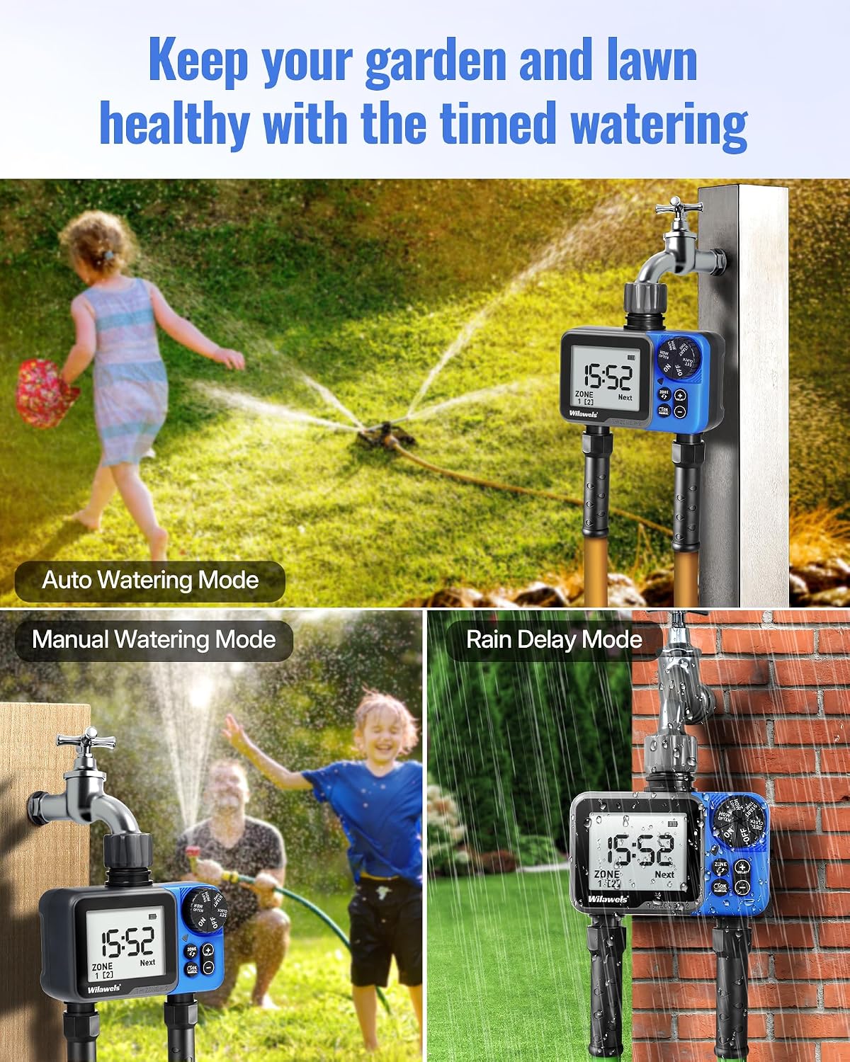 Water Timer for Garden Hose, 2 Zone Sprinkler Timer, Automatic Irrigation System/Rain Delay/Manual Watering, Programmable Watering for Lawn, Yard, Drip Irrigation C12WT06