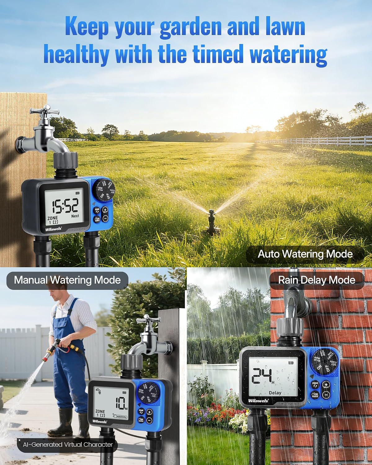 Water Timer for Garden Hose, 2 Zone Sprinkler Timer, Automatic Irrigation System/Rain Delay/Manual Watering, Programmable Watering for Lawn, Yard, Drip Irrigation C12WT06