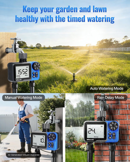 Water Timer for Garden Hose, 2 Zone Sprinkler Timer, Automatic Irrigation System/Rain Delay/Manual Watering, Programmable Watering for Lawn, Yard, Drip Irrigation C12WT06