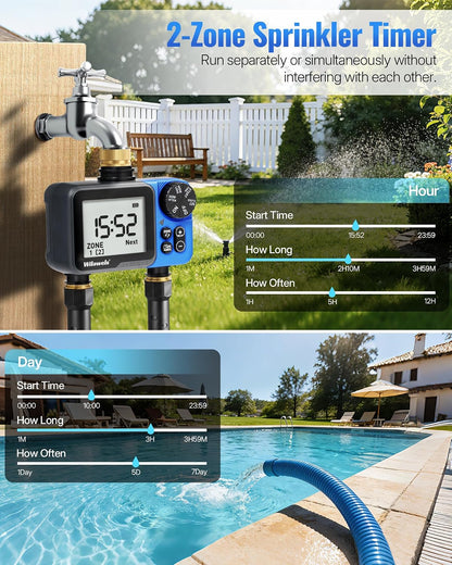 Water Timer for Garden Hose, 2 Zone Sprinkler Timer, Automatic Irrigation System/Rain Delay/Manual Watering, Programmable Watering for Lawn, Yard, Drip Irrigation C12WT06
