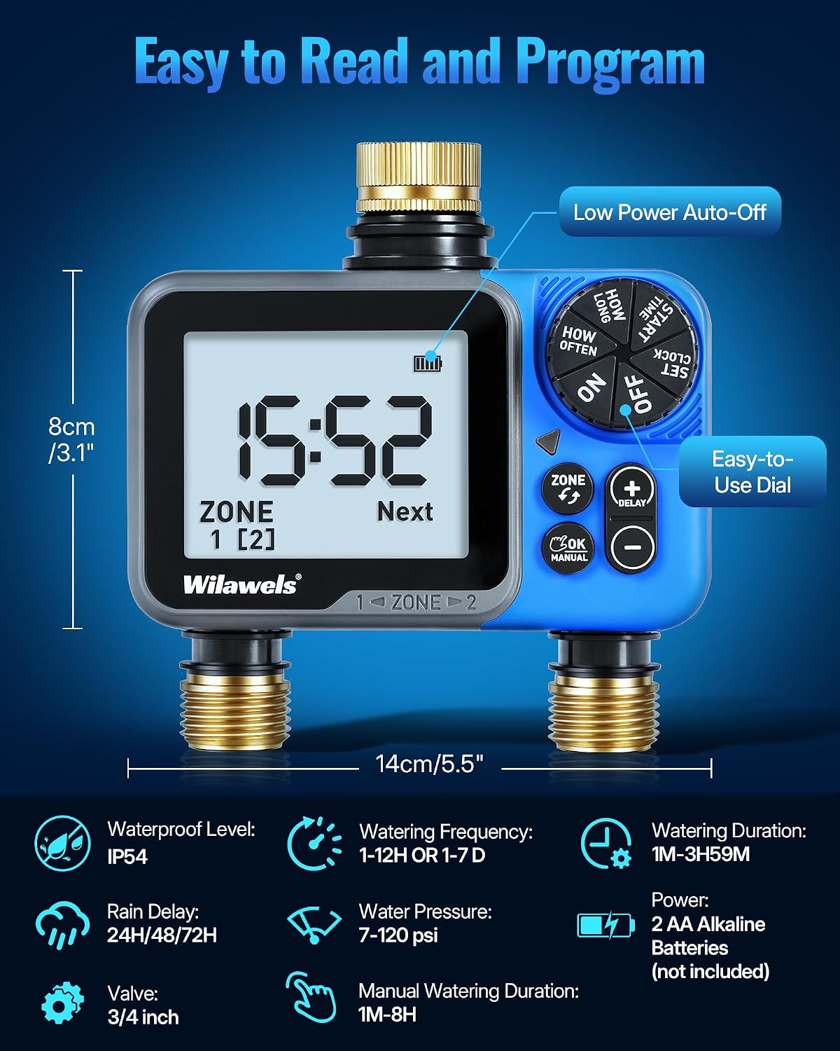 Water Timer for Garden Hose, 2 Zone Sprinkler Timer, Automatic Irrigation System/Rain Delay/Manual Watering, Programmable Watering for Lawn, Yard, Drip Irrigation C12WT06