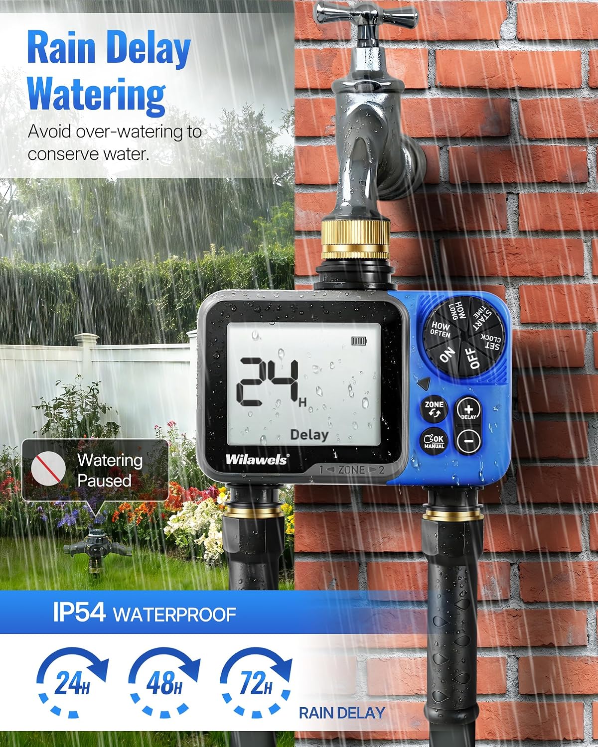 Water Timer for Garden Hose, 2 Zone Sprinkler Timer, Automatic Irrigation System/Rain Delay/Manual Watering, Programmable Watering for Lawn, Yard, Drip Irrigation C12WT06