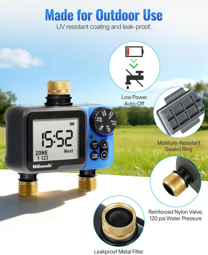 Water Timer for Garden Hose, 2 Zone Sprinkler Timer, Automatic Irrigation System/Rain Delay/Manual Watering, Programmable Watering for Lawn, Yard, Drip Irrigation C12WT06