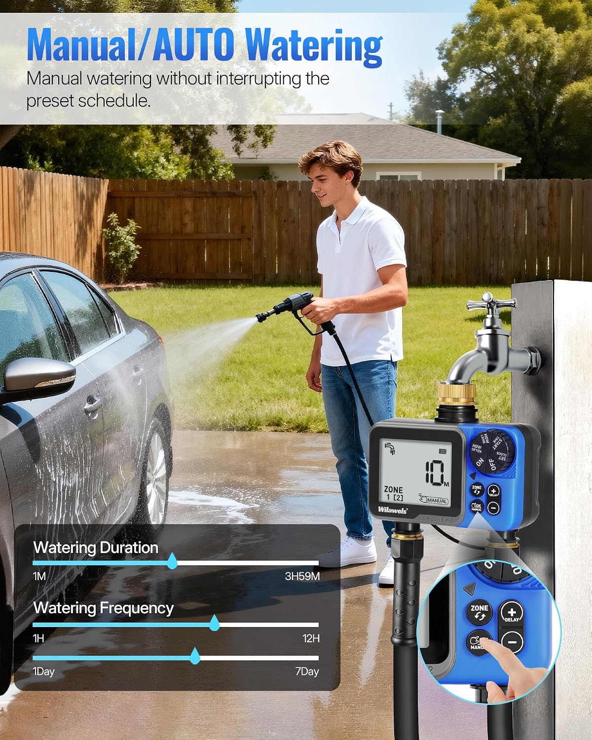 Water Timer for Garden Hose, 2 Zone Sprinkler Timer, Automatic Irrigation System/Rain Delay/Manual Watering, Programmable Watering for Lawn, Yard, Drip Irrigation C12WT06