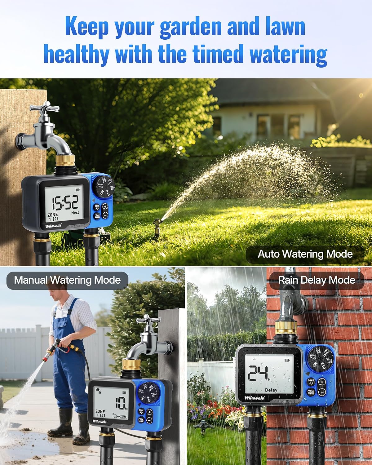 Water Timer for Garden Hose, 2 Zone Sprinkler Timer, Automatic Irrigation System/Rain Delay/Manual Watering, Programmable Watering for Lawn, Yard, Drip Irrigation C12WT06