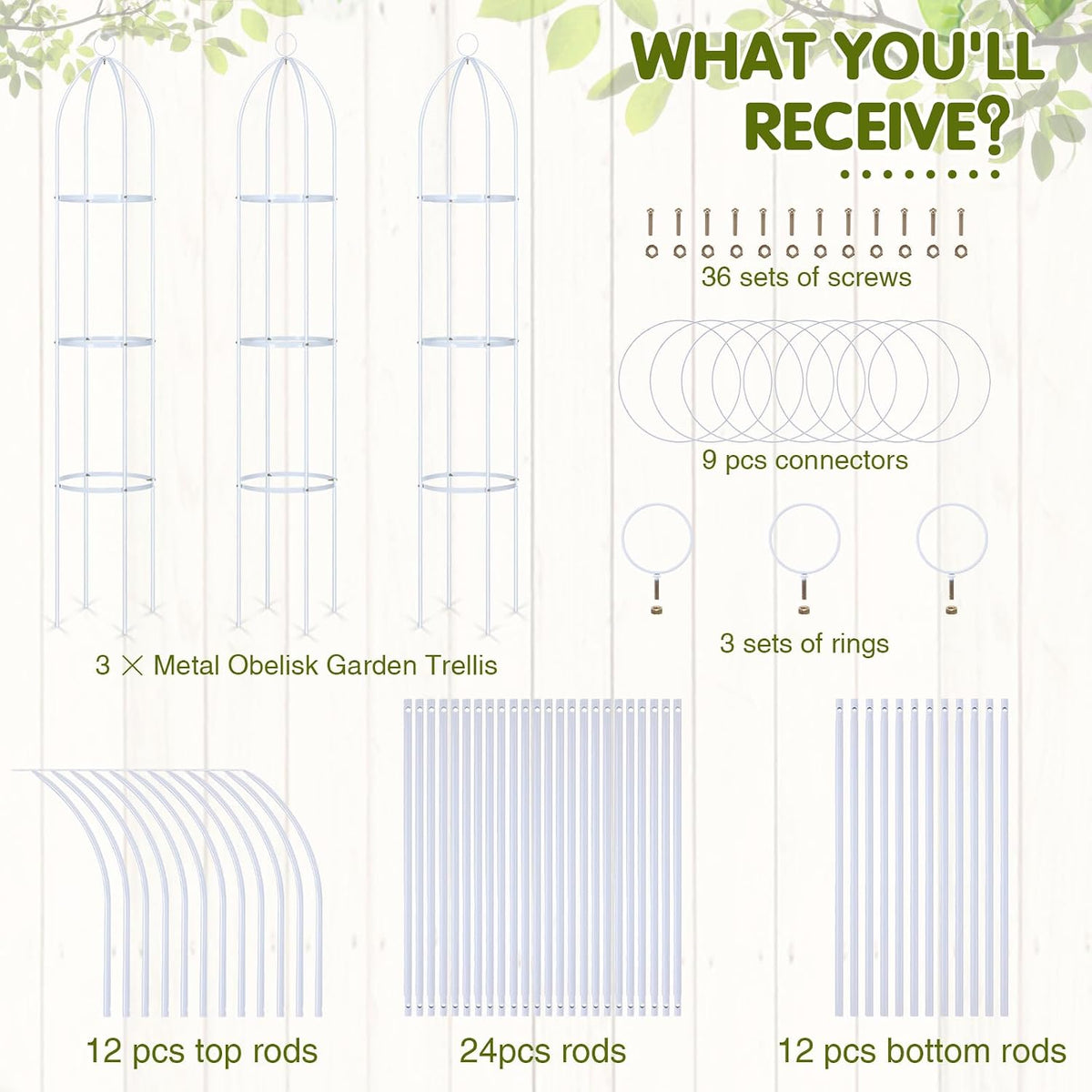 3 Pack 6ft Metal Garden Obelisk Trellis for Climbing Plants Outdoor Heavy Duty Metal Plant Flower Round Obelisk Garden Trellis for Climbing Vines and Flower Stands(White)