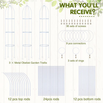 3 Pack 6ft Metal Garden Obelisk Trellis for Climbing Plants Outdoor Heavy Duty Metal Plant Flower Round Obelisk Garden Trellis for Climbing Vines and Flower Stands(White)