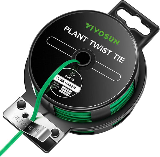 Twist Ties, 164 ft (50m) PE-Coated Green Plant Ties with Cutter, Reusable & Flexible Tomate Ties for Plant Support, Indoor Outdoor Gardening, Cable Management, Home Office Organization