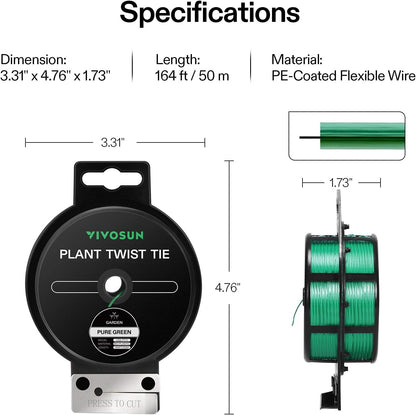 Twist Ties, 164 ft (50m) PE-Coated Green Plant Ties with Cutter, Reusable & Flexible Tomate Ties for Plant Support, Indoor Outdoor Gardening, Cable Management, Home Office Organization