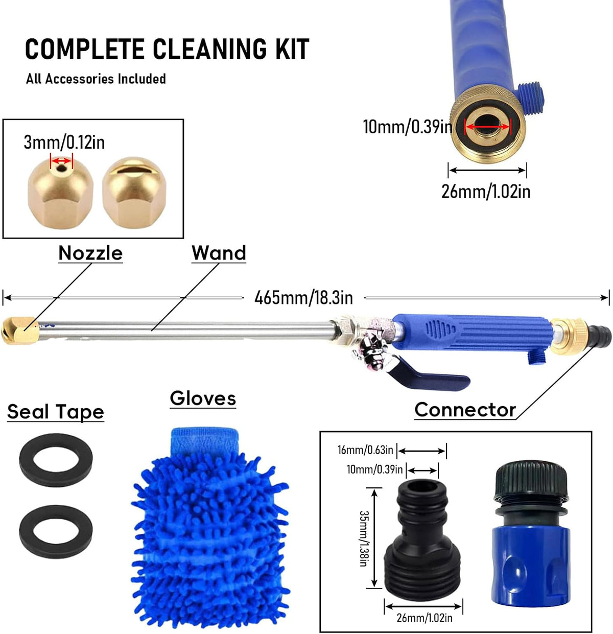 High Pressure Power Washer Wand, Water Jet Garden Hose Nozzle with 2 Spray Tips, Heavy-Duty Metal Hose Sprayer for Car Wash, Patio Cleaning, Sidewalk, Deck, Garden Watering (Black)