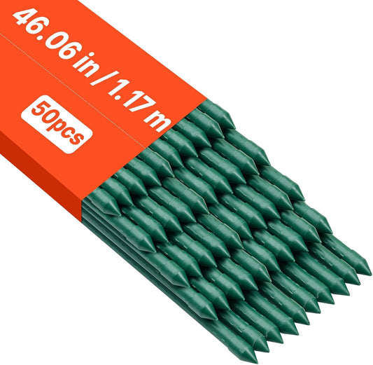 Garden Stakes, 50 Pack, 46.06 inch, Plastic Coated Metal Tomato Stakes, Garden Sticks for Plants Support, with Pointed End and Non-Slip Bumps for Growing Climbing Plants, Outdoor Vegetables