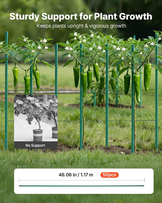 Garden Stakes, 50 Pack, 46.06 inch, Plastic Coated Metal Tomato Stakes, Garden Sticks for Plants Support, with Pointed End and Non-Slip Bumps for Growing Climbing Plants, Outdoor Vegetables