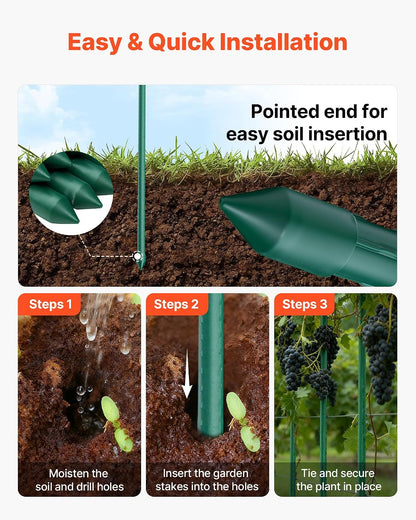 Garden Stakes, 50 Pack, 46.06 inch, Plastic Coated Metal Tomato Stakes, Garden Sticks for Plants Support, with Pointed End and Non-Slip Bumps for Growing Climbing Plants, Outdoor Vegetables