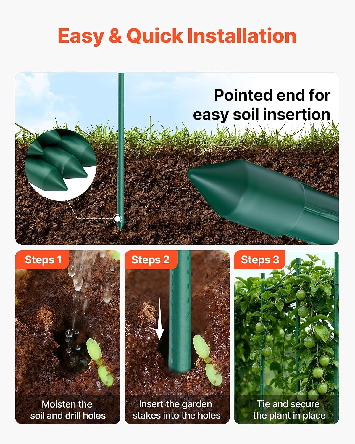 Garden Stakes, 50 Pack, 46.06 inch, Plastic Coated Metal Tomato Stakes, Garden Sticks for Plants Support, with Pointed End and Non-Slip Bumps for Growing Climbing Plants, Outdoor Vegetables