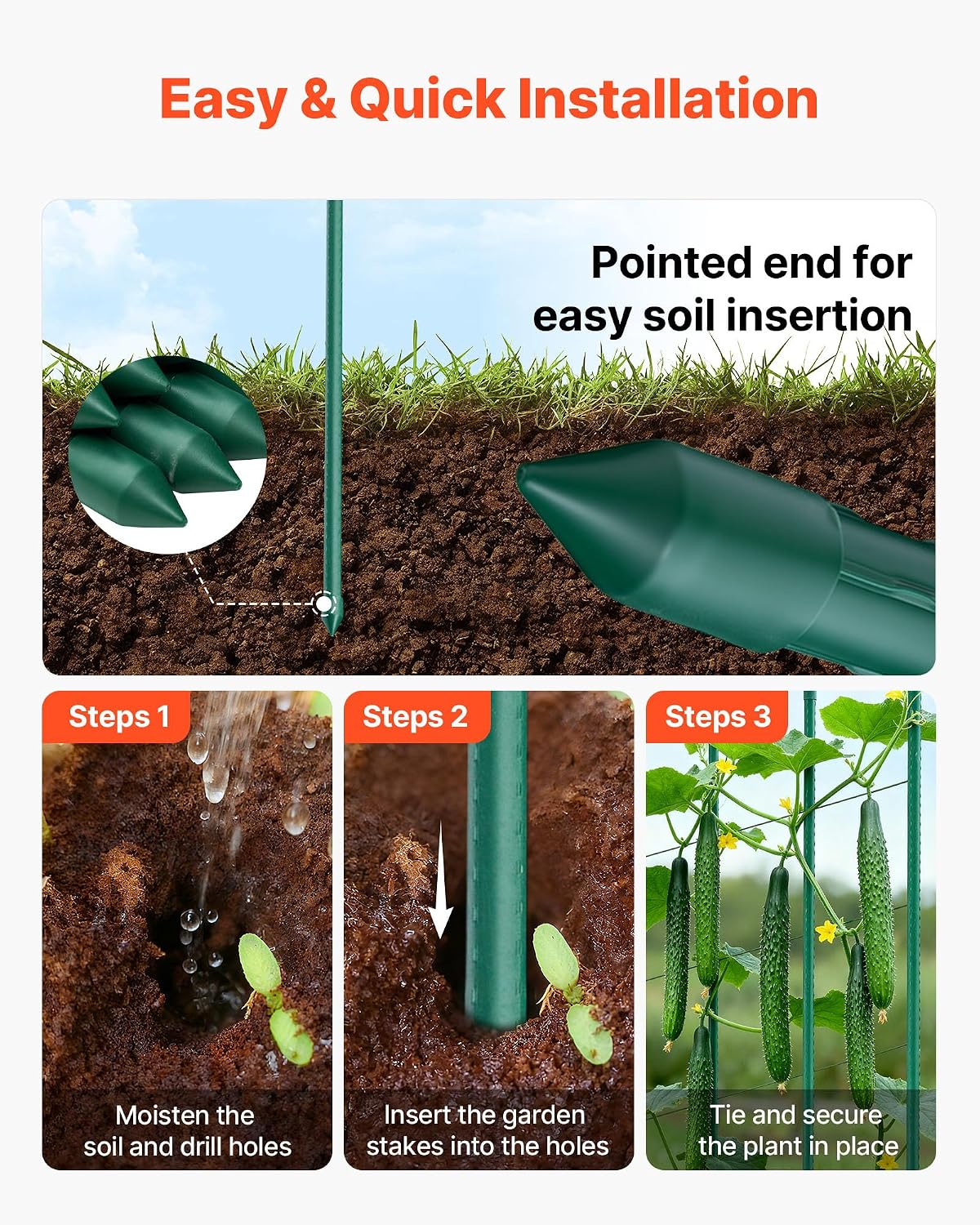 Garden Stakes, 50 Pack, 46.06 inch, Plastic Coated Metal Tomato Stakes, Garden Sticks for Plants Support, with Pointed End and Non-Slip Bumps for Growing Climbing Plants, Outdoor Vegetables