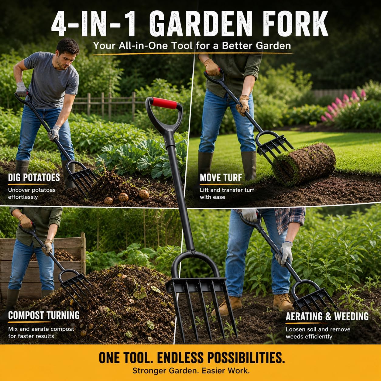 5-Tine Heavy Duty Pitch Fork for Gardening - Long Handled Digging Fork Garden Claw Weeder