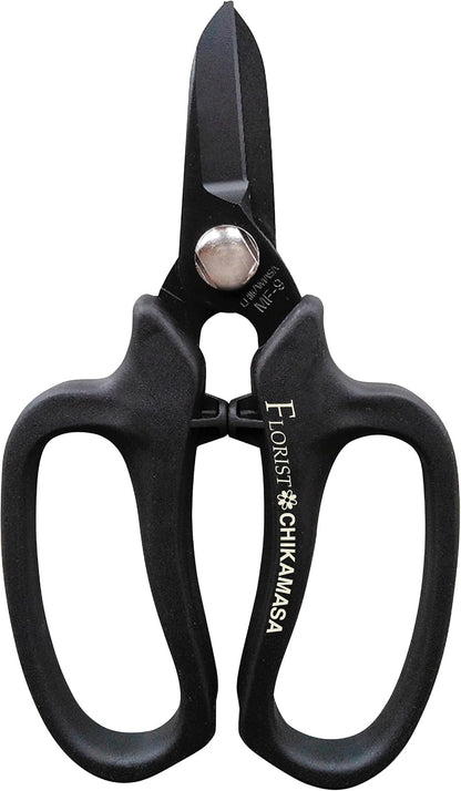 CHIKAMASA MF-9000, Precision Shears for Florists, Carbon Steel with Fluorine Coating and built-in wire cutter. For flower arrangement, fresh flowers, general gardening. Designed with florists. (Black)