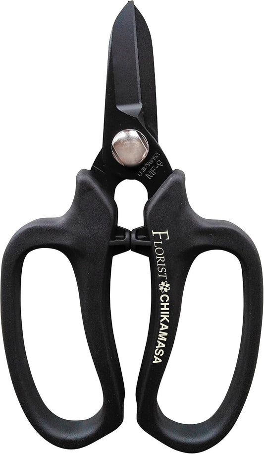CHIKAMASA MF-9000, Precision Shears for Florists, Carbon Steel with Fluorine Coating and built-in wire cutter. For flower arrangement, fresh flowers, general gardening. Designed with florists. (Black)