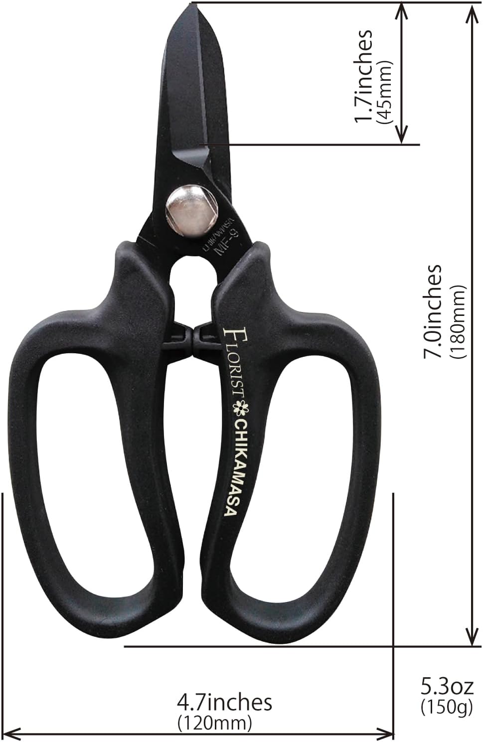 CHIKAMASA MF-9000, Precision Shears for Florists, Carbon Steel with Fluorine Coating and built-in wire cutter. For flower arrangement, fresh flowers, general gardening. Designed with florists. (Black)