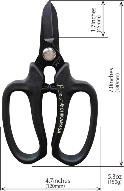 CHIKAMASA MF-9000, Precision Shears for Florists, Carbon Steel with Fluorine Coating and built-in wire cutter. For flower arrangement, fresh flowers, general gardening. Designed with florists. (Black)