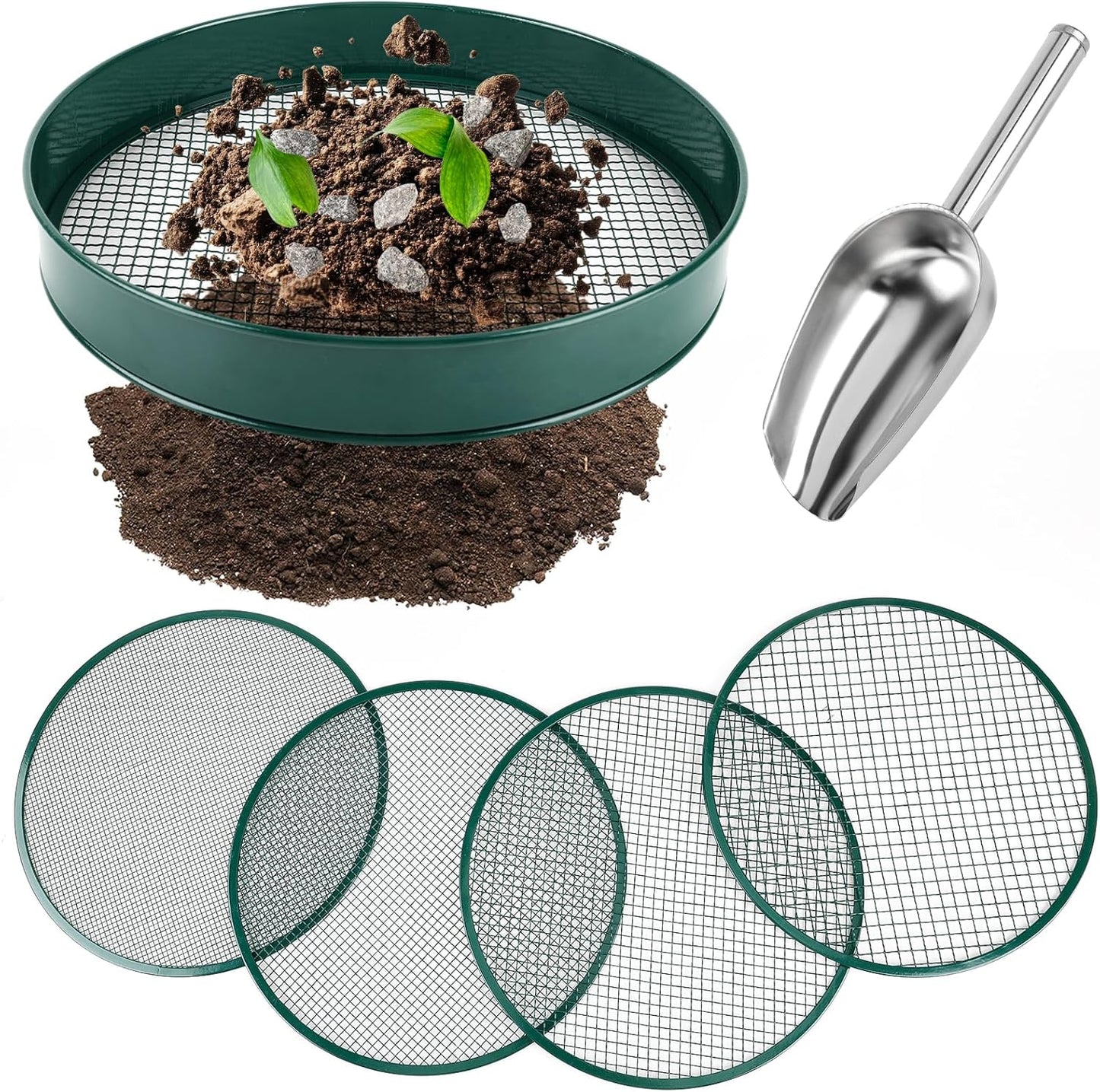 Soil Sifter for Gardening, 12" Green Soil Sifter Potting Sieve with Shovel and 4 Fine Screens for Sand Dirt, Sand, Rock, Filtration, Compost and Bonsai (5 IN1)