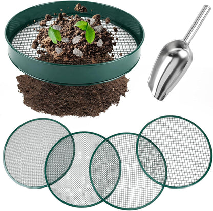 Soil Sifter for Gardening, 12" Green Soil Sifter Potting Sieve with Shovel and 4 Fine Screens for Sand Dirt, Sand, Rock, Filtration, Compost and Bonsai (5 IN1)