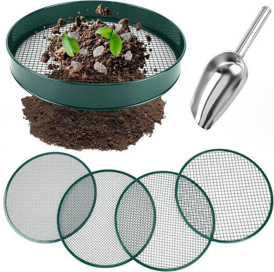 Soil Sifter for Gardening, 12" Green Soil Sifter Potting Sieve with Shovel and 4 Fine Screens for Sand Dirt, Sand, Rock, Filtration, Compost and Bonsai (5 IN1)