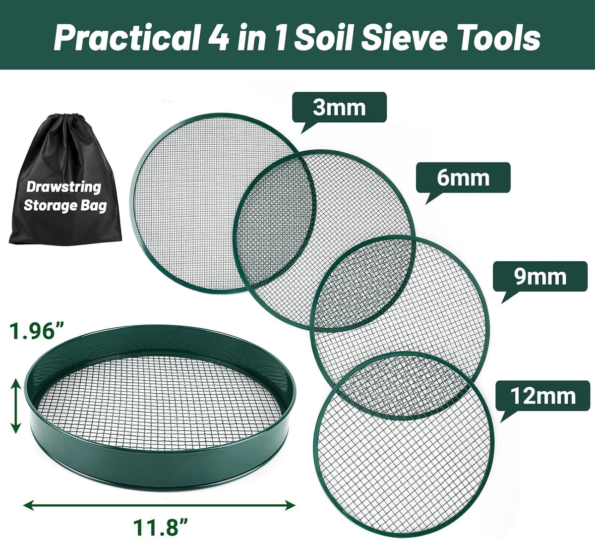 Soil Sifter for Gardening, 12" Green Soil Sifter Potting Sieve with Shovel and 4 Fine Screens for Sand Dirt, Sand, Rock, Filtration, Compost and Bonsai (5 IN1)