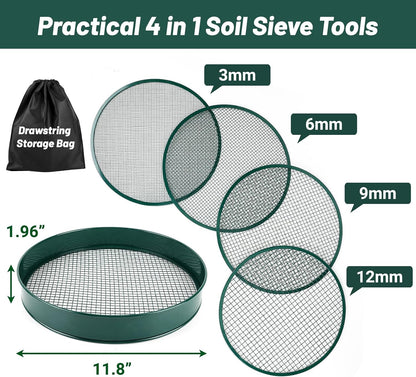 Soil Sifter for Gardening, 12" Green Soil Sifter Potting Sieve with Shovel and 4 Fine Screens for Sand Dirt, Sand, Rock, Filtration, Compost and Bonsai (5 IN1)