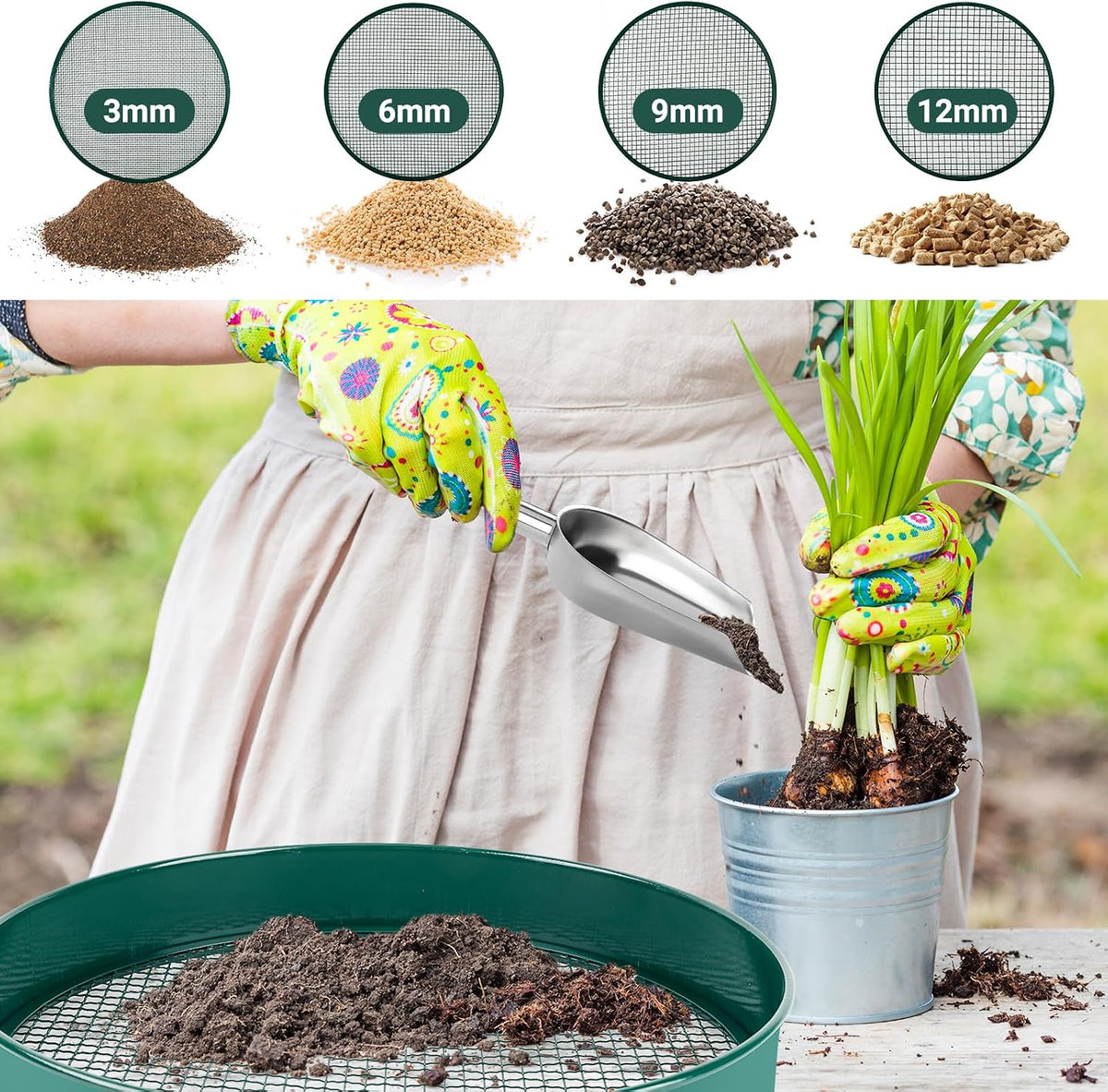 Soil Sifter for Gardening, 12" Green Soil Sifter Potting Sieve with Shovel and 4 Fine Screens for Sand Dirt, Sand, Rock, Filtration, Compost and Bonsai (5 IN1)
