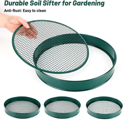 Soil Sifter for Gardening, 12" Green Soil Sifter Potting Sieve with Shovel and 4 Fine Screens for Sand Dirt, Sand, Rock, Filtration, Compost and Bonsai (5 IN1)