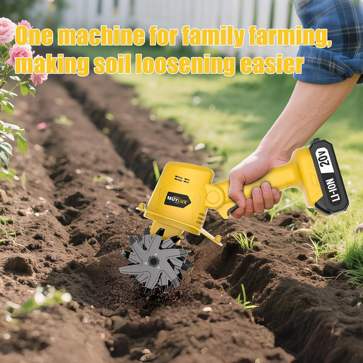 20V Cordless Tiller Cultivator for Gardening, Electric Garden Tiller with Battery & Charger, Garden Rototiller for Lawn Gardening Soil Cultivation, 2 Batteries