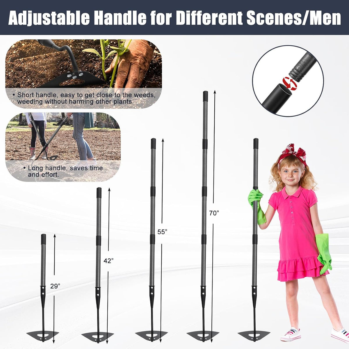 70 Inch Garden Hoe, Heavy Duty Metal Weeding Hoe Tool for Standing, Loosening Soil, Digging, Planting & Ridging - Ergonomic Gardening Hand Tools for Women Men Seniors