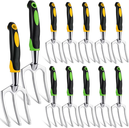 12 Pcs Hand Rakes Garden Tool Mini Heavy Duty Garden Cultivator 11 Inch Small Rake Gardening Hand Tiller with Handle for Digging Weeding Loose Soil(3-Tine Prong Fork,Yellow, Green)