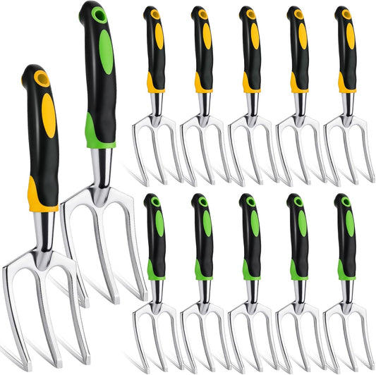 12 Pcs Hand Rakes Garden Tool Mini Heavy Duty Garden Cultivator 11 Inch Small Rake Gardening Hand Tiller with Handle for Digging Weeding Loose Soil(3-Tine Prong Fork,Yellow, Green)