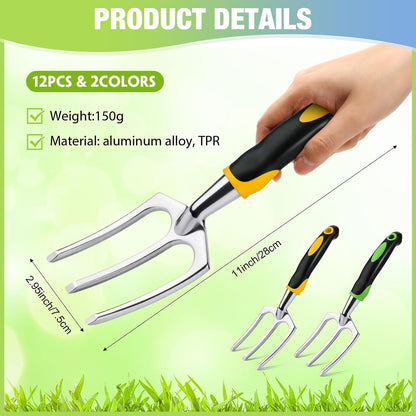 12 Pcs Hand Rakes Garden Tool Mini Heavy Duty Garden Cultivator 11 Inch Small Rake Gardening Hand Tiller with Handle for Digging Weeding Loose Soil(3-Tine Prong Fork,Yellow, Green)