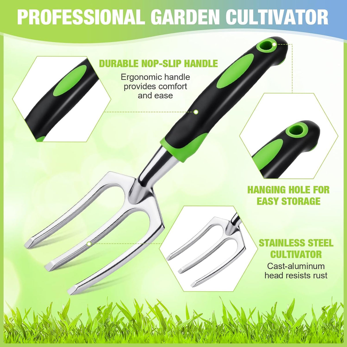 12 Pcs Hand Rakes Garden Tool Mini Heavy Duty Garden Cultivator 11 Inch Small Rake Gardening Hand Tiller with Handle for Digging Weeding Loose Soil(3-Tine Prong Fork,Yellow, Green)