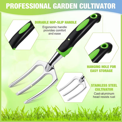 12 Pcs Hand Rakes Garden Tool Mini Heavy Duty Garden Cultivator 11 Inch Small Rake Gardening Hand Tiller with Handle for Digging Weeding Loose Soil(3-Tine Prong Fork,Yellow, Green)
