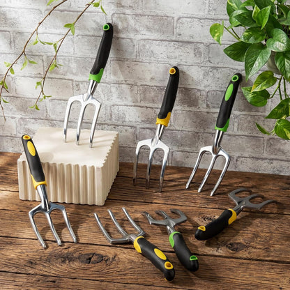 12 Pcs Hand Rakes Garden Tool Mini Heavy Duty Garden Cultivator 11 Inch Small Rake Gardening Hand Tiller with Handle for Digging Weeding Loose Soil(3-Tine Prong Fork,Yellow, Green)