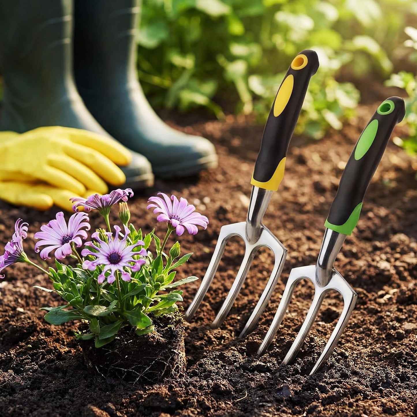 12 Pcs Hand Rakes Garden Tool Mini Heavy Duty Garden Cultivator 11 Inch Small Rake Gardening Hand Tiller with Handle for Digging Weeding Loose Soil(3-Tine Prong Fork,Yellow, Green)