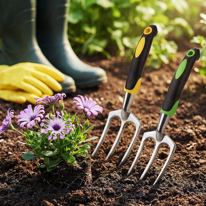 12 Pcs Hand Rakes Garden Tool Mini Heavy Duty Garden Cultivator 11 Inch Small Rake Gardening Hand Tiller with Handle for Digging Weeding Loose Soil(3-Tine Prong Fork,Yellow, Green)