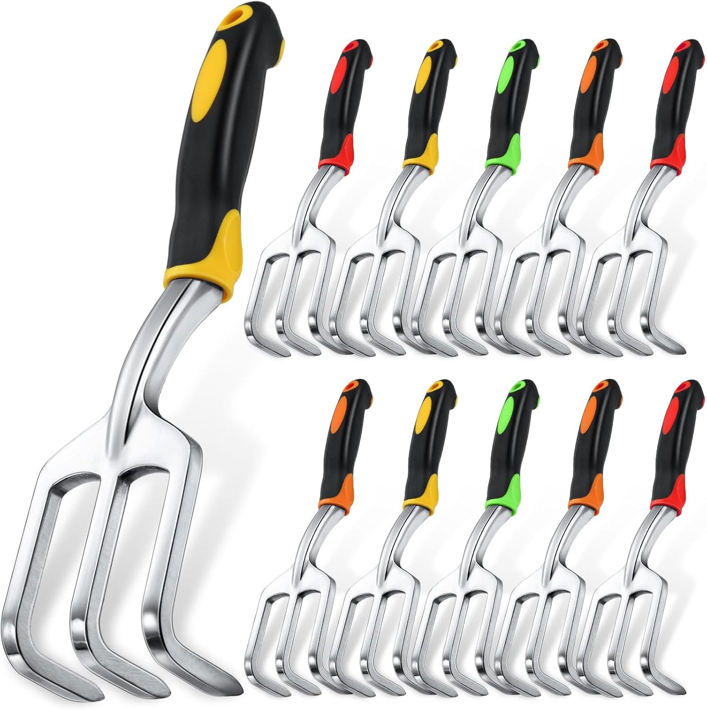 12 Pcs Hand Rakes Garden Tool Mini Heavy Duty Garden Cultivator 11 Inch Small Rake Gardening Hand Tiller with Handle for Digging Weeding Loose Soil(3-Tine Prong Fork,Yellow, Green)