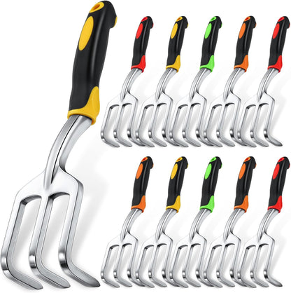 12 Pcs Hand Rakes Garden Tool Mini Heavy Duty Garden Cultivator 11 Inch Small Rake Gardening Hand Tiller with Handle for Digging Weeding Loose Soil(3-Tine Prong Fork,Yellow, Green)