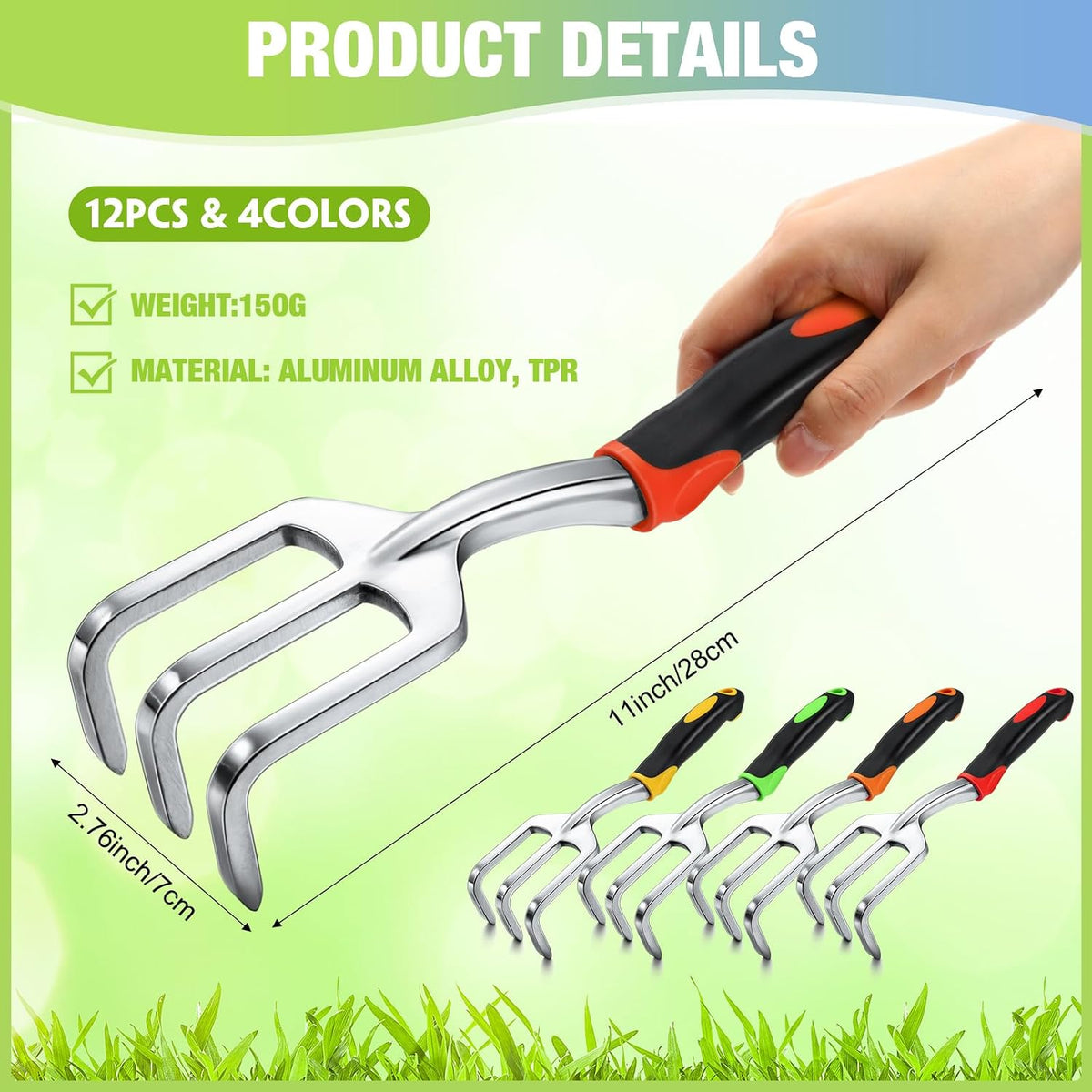 12 Pcs Hand Rakes Garden Tool Mini Heavy Duty Garden Cultivator 11 Inch Small Rake Gardening Hand Tiller with Handle for Digging Weeding Loose Soil(3-Tine Prong Fork,Yellow, Green)