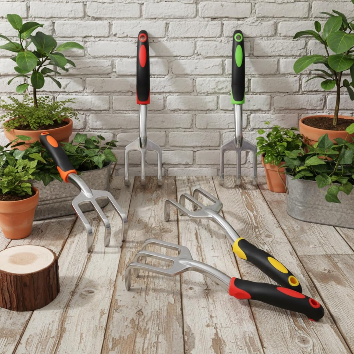 12 Pcs Hand Rakes Garden Tool Mini Heavy Duty Garden Cultivator 11 Inch Small Rake Gardening Hand Tiller with Handle for Digging Weeding Loose Soil(3-Tine Prong Fork,Yellow, Green)