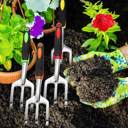 12 Pcs Hand Rakes Garden Tool Mini Heavy Duty Garden Cultivator 11 Inch Small Rake Gardening Hand Tiller with Handle for Digging Weeding Loose Soil(3-Tine Prong Fork,Yellow, Green)